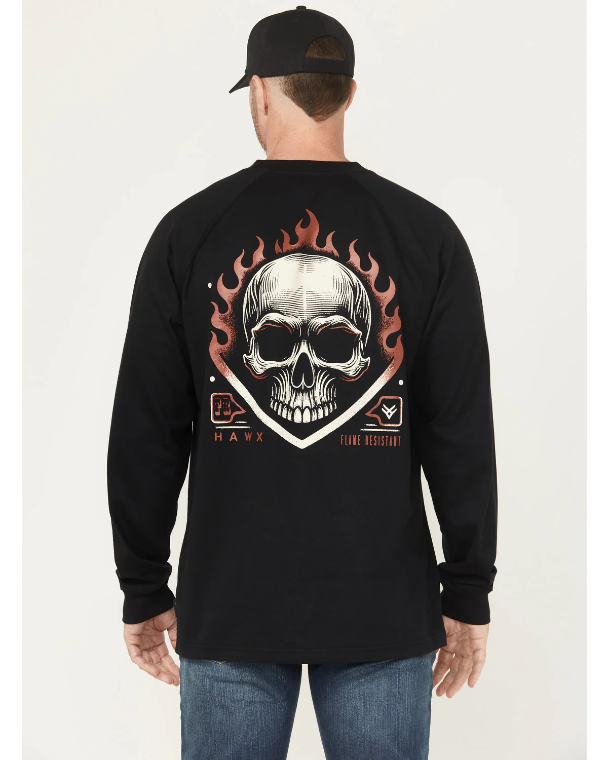 Men's FR Flaming Skull Long Sleeve Graphic Work T-Shirt