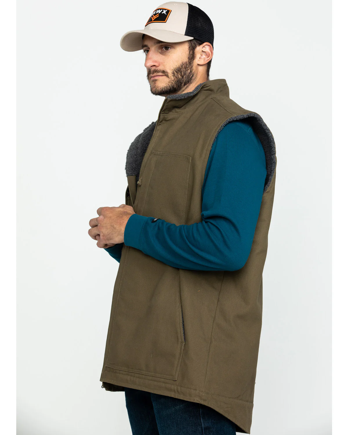 Men's Olive Canvas Sherpa Lined Work Vest - Image 3
